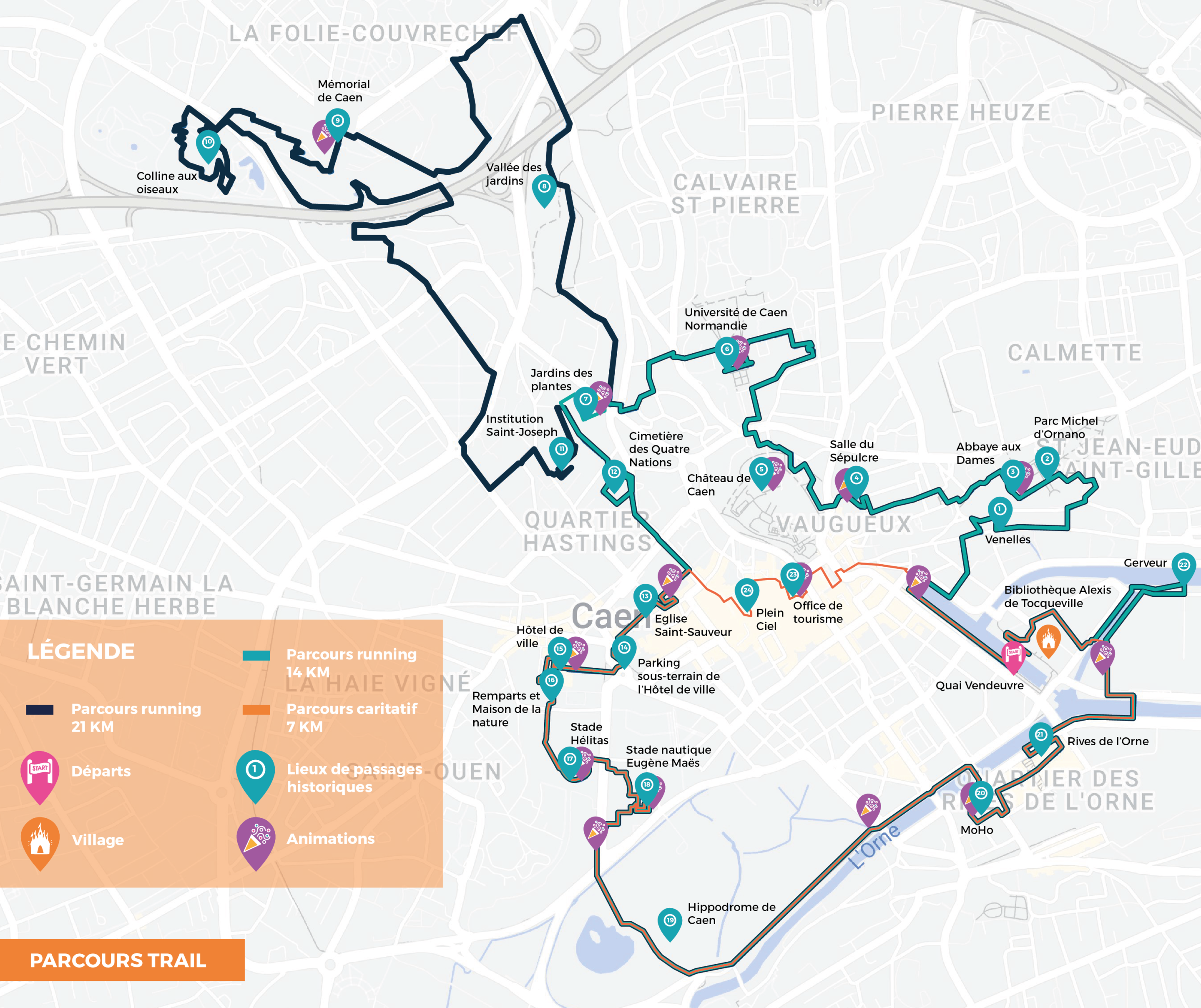 Carte parcours trails urbains Caen ça bouge octobre 2023 trail run running traileur